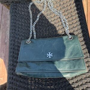 Tory Burch Kira Forest Green Leather Chain-Handle Shoulder Bag